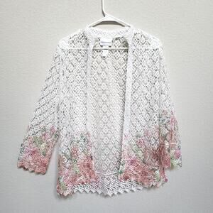 Alfred Dunner White Floral Lace Open Cardigan Sweater Womens  Size S Cover up
